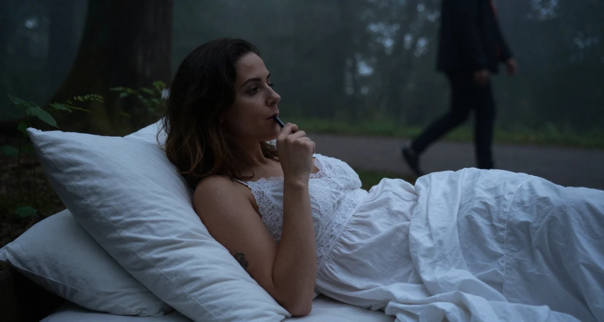 A magnetic Female From Switzerland, studied finance and banking in their 38, reviewer of high-end tech products, wearing a white cotton nightgown with lace details, chewing on a pen thoughtlessly in a dense misty forest.