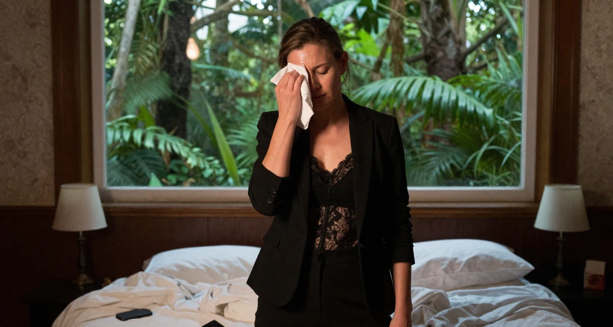 A quiet Female From Finland, studied graphic design and branding in their 40, re-evaluating life goals with clarity, wearing a black lace top under a business suit, wiping sweat from the brow in a cinema lobby.