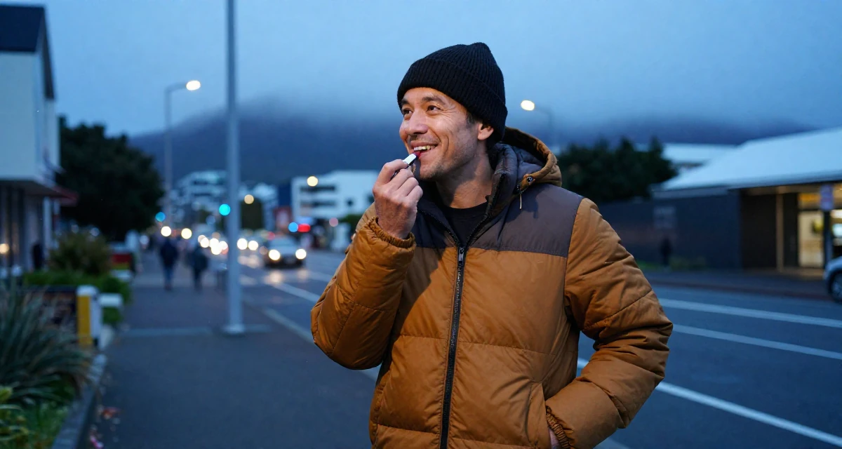 A relaxed and happy male From New Zealand, based in Auckland, graduated from an arts college majoring in emotional performance art in their 50, inspiring others to start over at any age, wearing a warm puffer jacket and beanie, applying lipstick in a city sidewalk.