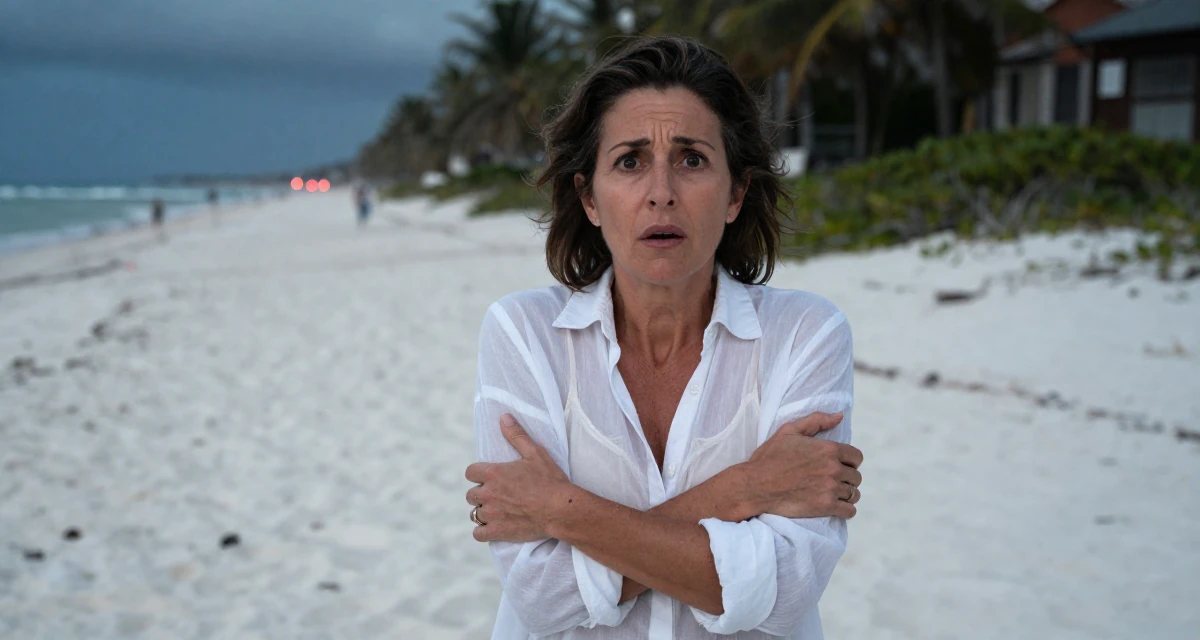 A stunned Female From Amsterdam Netherlands, studied creative business in their 50, established authority in a niche industry, wearing a sheer white blouse with a delicate camisole underneath, adjusting sleeves in a tropical white sand beach.