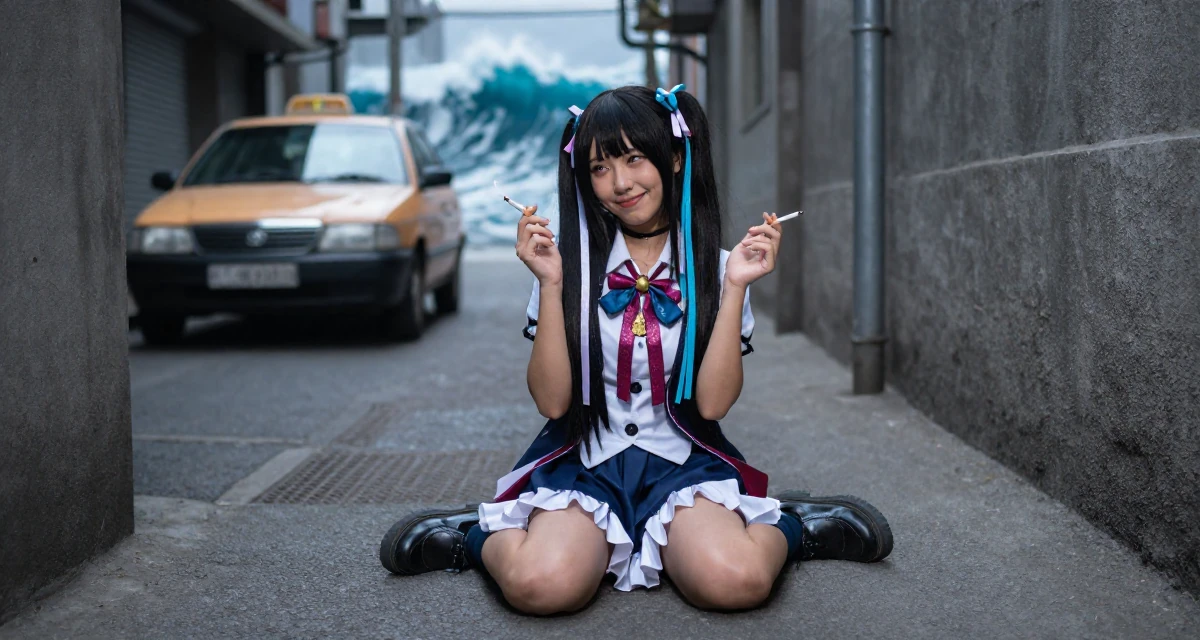 A witty Female From Rwanda, majored in social innovation in their 31, re-evaluating long-term career goals, wearing a anime idol stage costume with ribbons and glitter, holding a cigarette (lit or unlit) in a neon-lit alleyway.