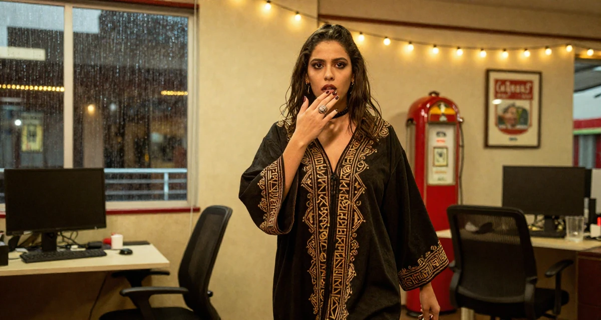 A fearless Female Raised in Brazil, majored in multimedia arts in their 21, hiding insecurity behind a perfect makeup look, wearing a cultist robe with mysterious rune embroidery, playing with a ring in a office workspace.