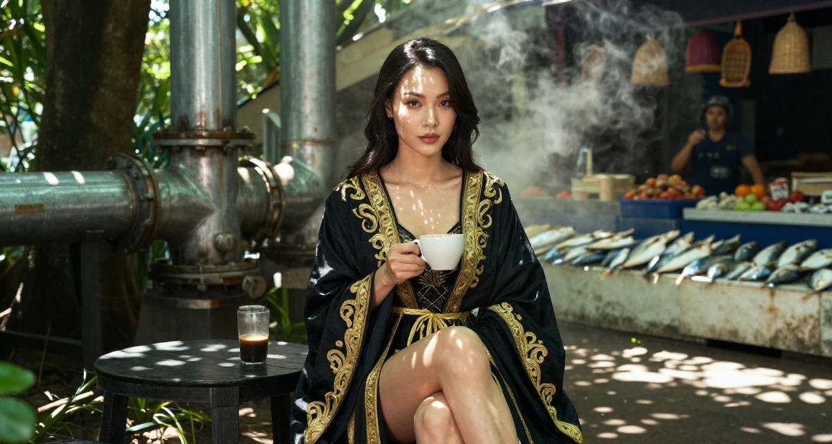 A sophisticated Female From Vietnam, majored in international business in their 31, sharing the reality of post-partum recovery, wearing a high-fantasy sorceress robe with gold embroidery, holding a cup of coffee in a sunny patio.