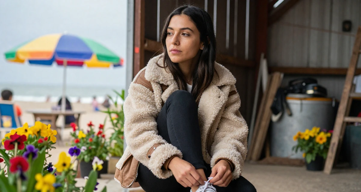 A thoughtfully silent Female From Mexico, majored in advertising and PR in their 23, shifting from spontaneous posting to planned batches, wearing a warm shearling jacket, tying a shoelace in a barn interior.