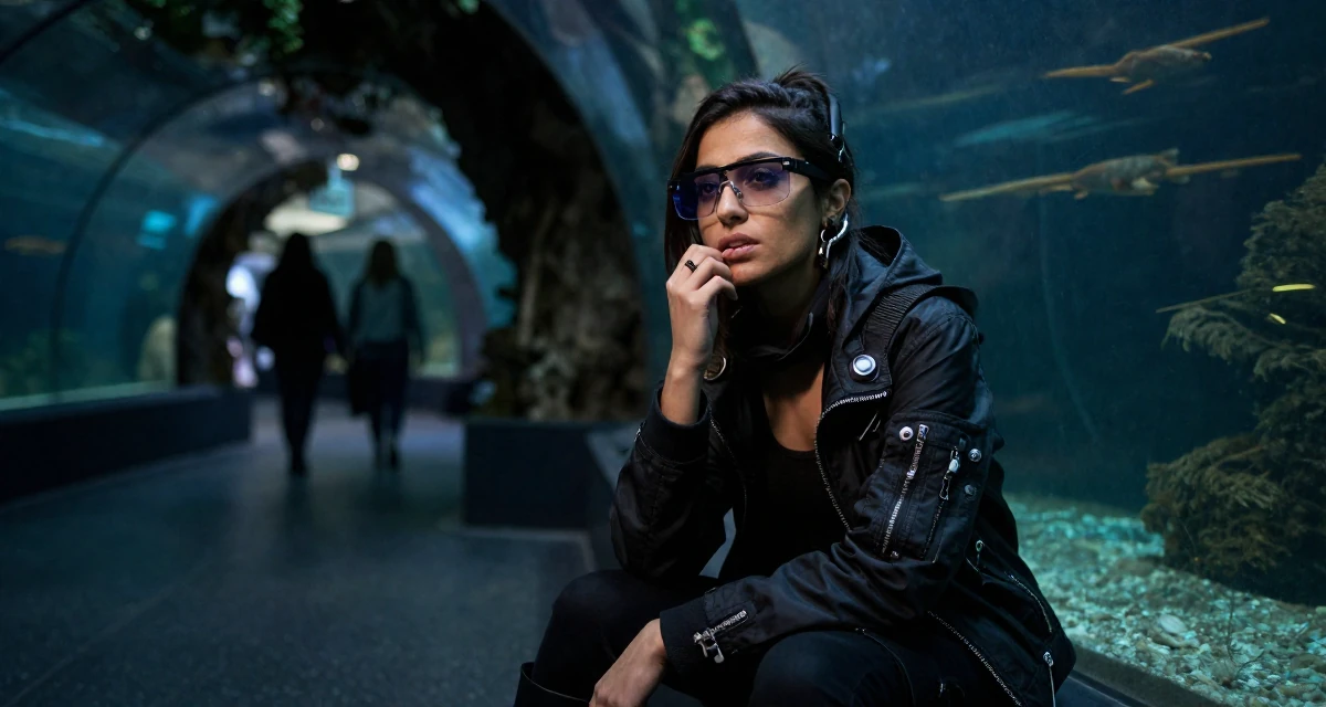 A coy Female From Alexandria Egypt, practiced creative self-portraiture in their 25, deciding to start a business or bold project, wearing a cyberpunk hacker outfit with oversized tech glasses, biting the lower lip softly in a aquarium tunnel.