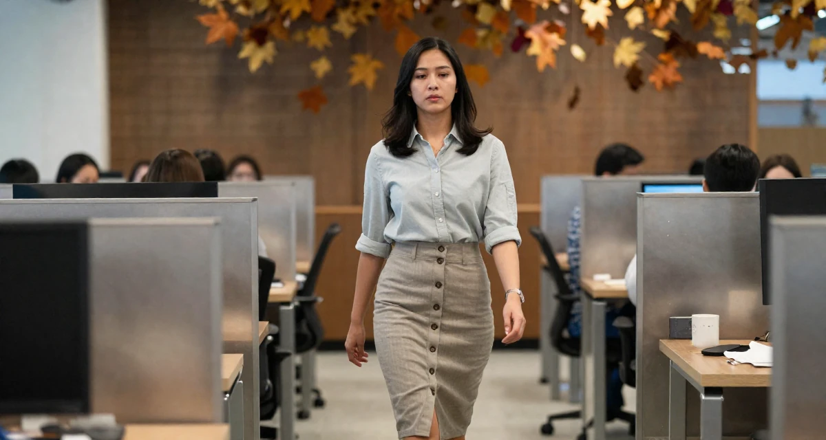 A zen-like Female From Johor Malaysia, learned portrait photography through freelance work in their 30, accepting that ambition doesn’t erase exhaustion, wearing a fitted midi skirt with buttons down the front, rolling up sleeves in a busy coworking space.