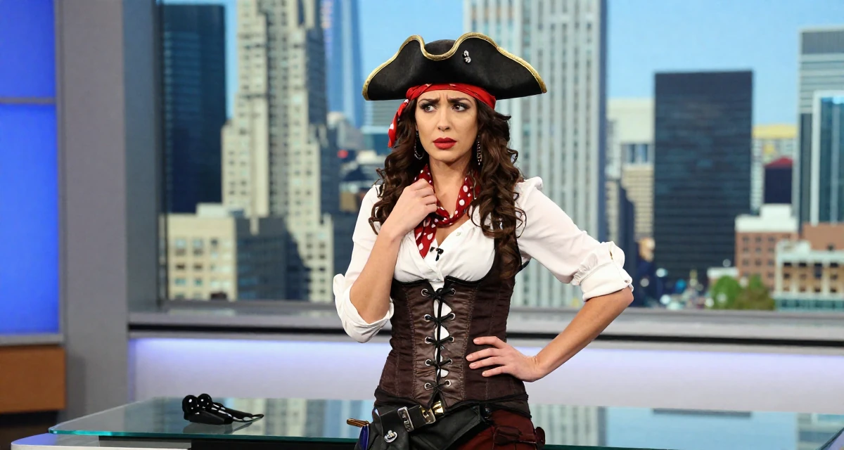 A confused Female From Chinese-speaking regions, studied petroleum economics in their 25, radiating an elegant and poised vibe, wearing a pirate captain outfit with a corset and tricorn hat, adjusting a scarf in a tv set.