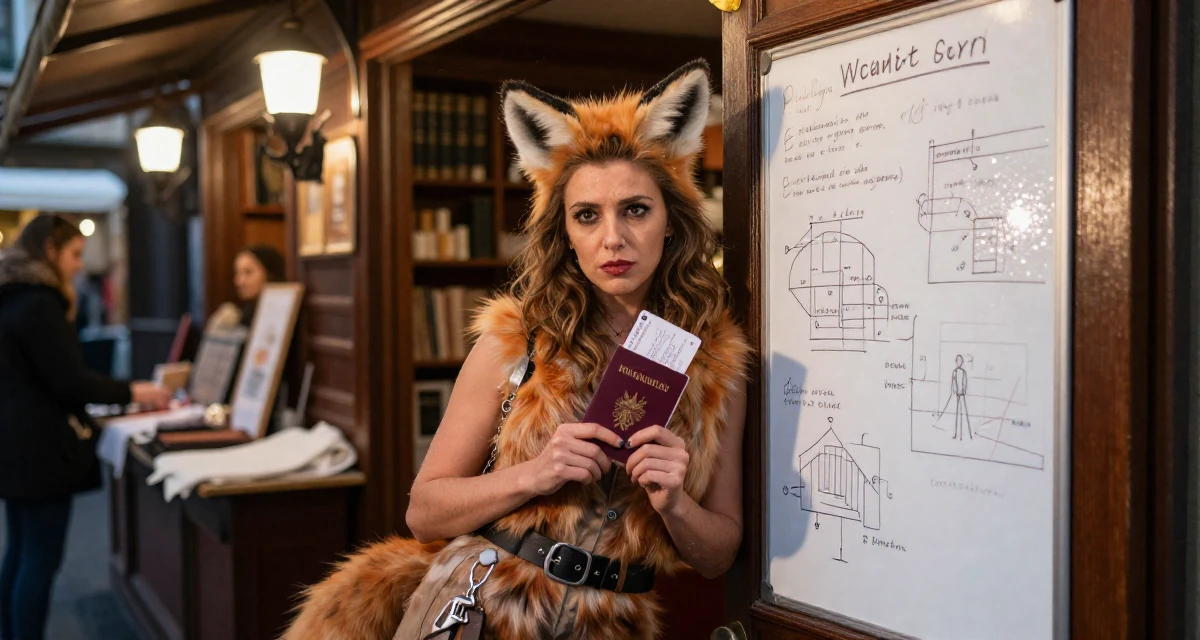 A fearless Female From Lyon France, learned couture aesthetics and editorial styling in their 42, passionate about sustainable luxury living, wearing a fox spirit (kitsune) outfit with fluffy ears and tails, holding a passport or ticket in a night market stall.