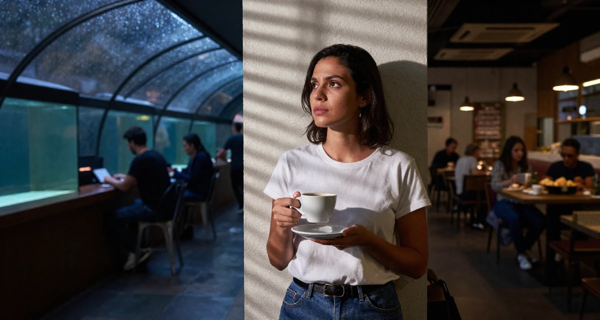 A deeply absorbed Female From Brazil, studied logistics engineering in their 25, managing inconsistent confidence when creating content, wearing a minimalist Scandinavian style, holding a cup of coffee in a aquarium tunnel.