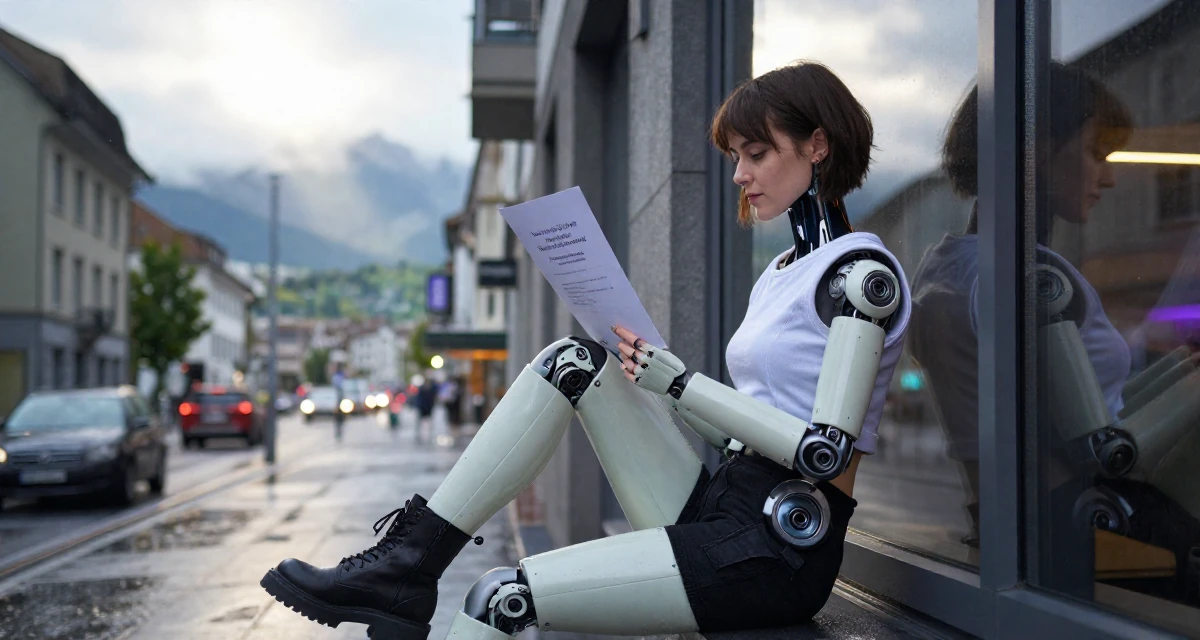 A gentle Female From Zurich Switzerland, holds a degree in accounting and finance in their 22, forming connections with potential collaborators, wearing a cybernetic doll outfit with porcelain-like skin textures, checking a reflection in a window in a urban street.