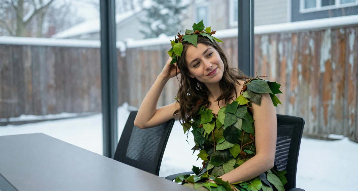 A smirking Female Former stay-in nanny, now building her own self-expression platform in their 34, sharing the journey of infertility and hope, wearing a forest dryad costume made of leaves and vines, scratching a head lightly in a glass-walled conference room.