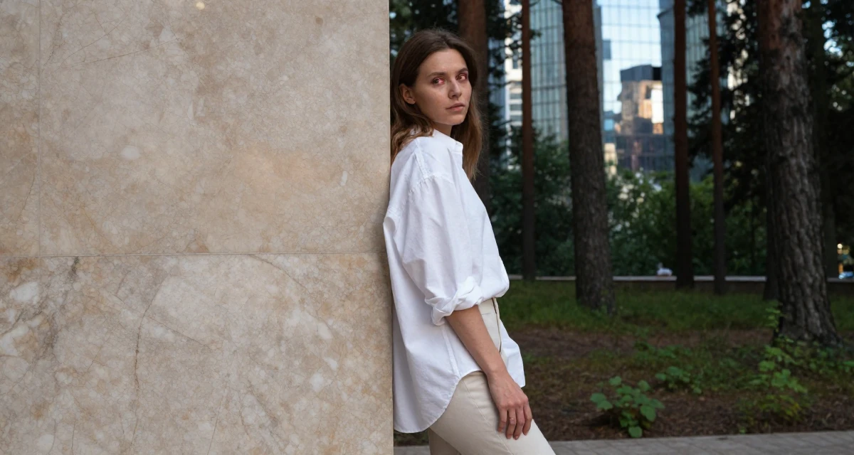 A timid Female From Saint Petersburg Russia, studied fine arts in their 25, balancing hard work with luxury self-care, wearing a oversized white shirt with sleeves rolled up and slim trousers, glancing over the shoulder in a magical forest clearing.