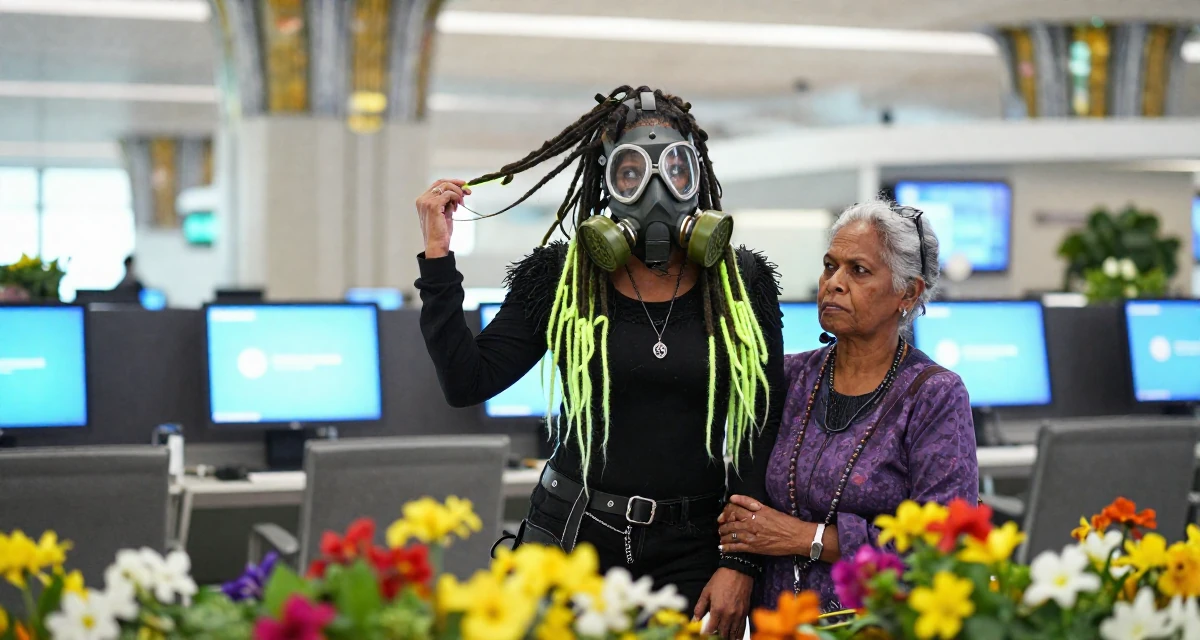 A judgemental Female From Sri Lanka, studied supply chain management in their 40, supporting aging parents, wearing a cyber-goth outfit with gas mask and neon dreads, twirling a lock of hair in a airport departure lounge.