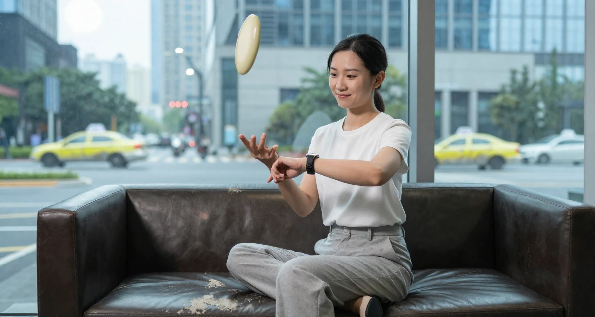 A smirking Female From China, holds a degree in human resource management in their 23, juggling sensual creativity with real-life responsibilities, wearing a minimalist everyday clothing, checking a wristwatch in a high-rise office building.