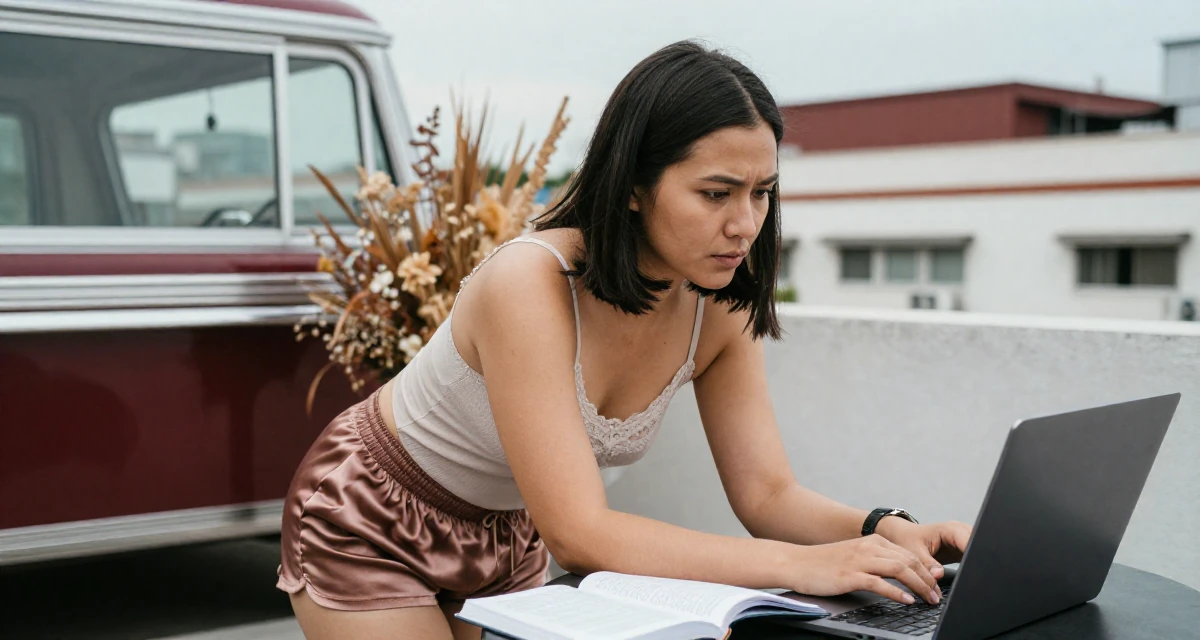A seriously concentrated Female From Kuala Lumpur Malaysia, self-taught content creator specializing in color grading in their 36, documenting the process of writing a book, wearing a lace-trimmed camisole and silk lounge shorts, typing on a laptop in a rooftop terrace.