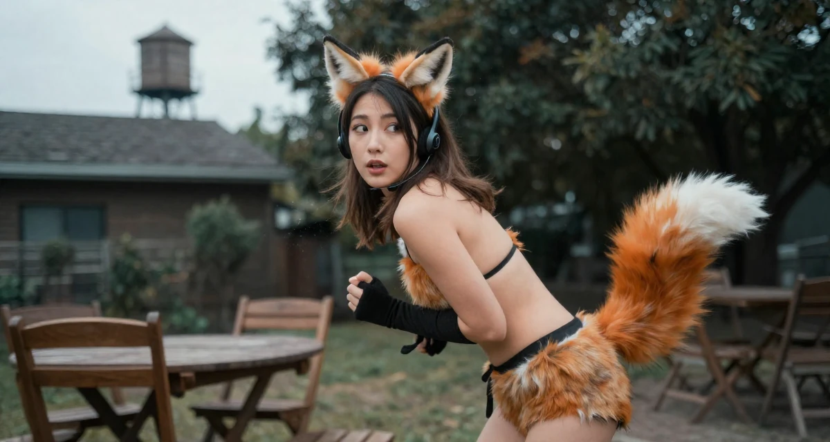 A seductive Female Former call-center worker, now crafting confidence-centric creator content in their 21, full of rebellious spirit and curiosity, wearing a fox spirit (kitsune) outfit with fluffy ears and tails, shivering slightly in a quiet park.
