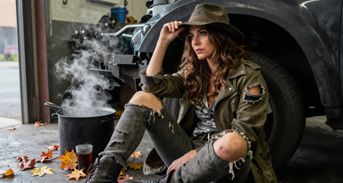 A sophisticated Female Once a babysitter, now documenting grown-up self-expression in their 23, taking first serious steps toward independence, wearing a zombie apocalypse survivor gear with torn clothes, tipping a hat in a mechanic garage.