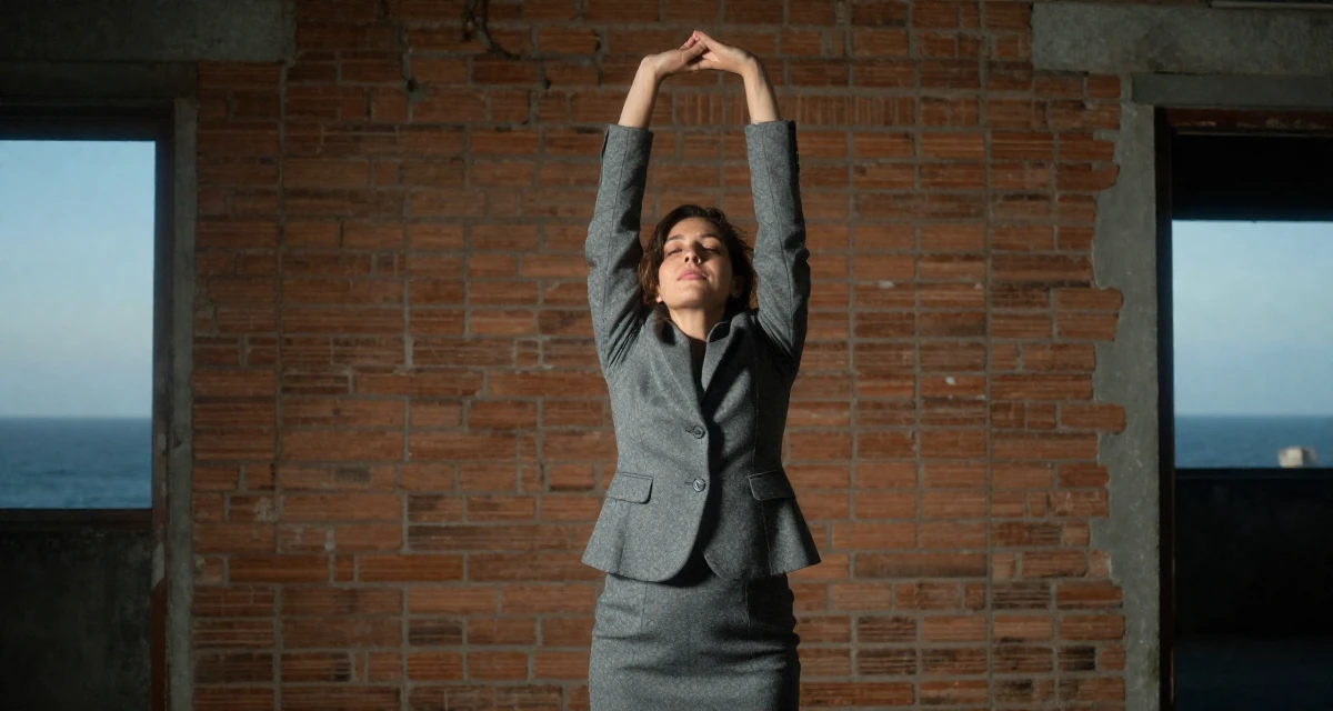 A upbeat Female From Córdoba Argentina, studied biomedical engineering in their 30, embracing a new level of self-assurance, wearing a grey wool skirt suit with a fitted jacket, taking a deep breath in a abandoned hospital.
