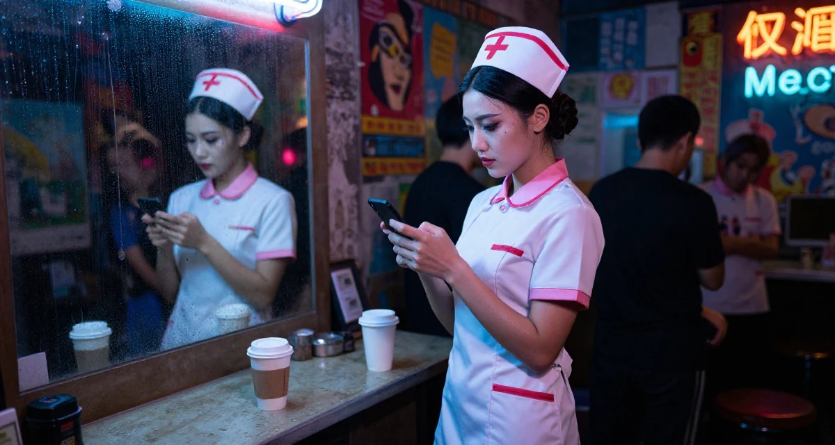 A hypnotic Female From Macau, learned performance makeup from casino backstage crews in their 22, managing new financial responsibilities, wearing a nurse cosplay uniform with a stylized cap, typing a message in a vanity mirror.
