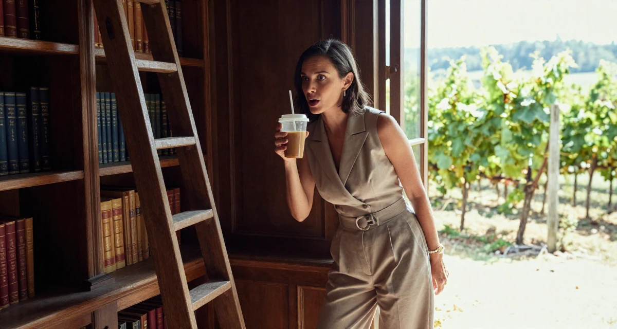 A eager Female Once a kindergarten teacher, now a full-time lifestyle content creator in their 25, gaining confidence in professional expertise, wearing a fitted waist coat and wide leg trousers, holding a cold drink in a old library with wooden ladders.