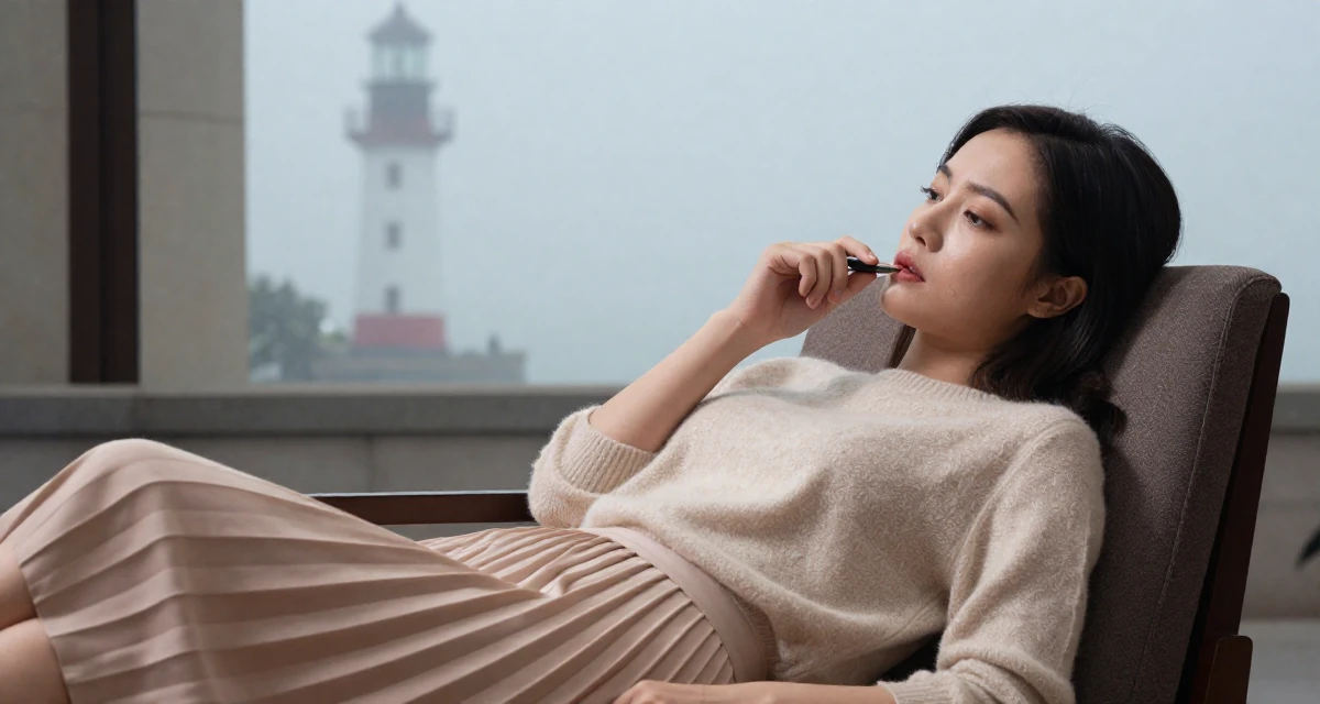 A melancholic Female From Hanoi Vietnam, holds a degree in economics in their 25, radiating an elegant and poised vibe, wearing a soft cashmere sweater and a pleated midi skirt, chewing on a pen thoughtlessly in a luxury hotel lobby.