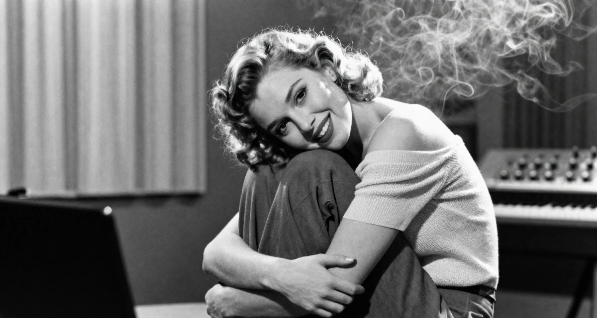 A upbeat Female From Paris France, studied artistic nude photography as a creative discipline in their 22, exhausted from the hustle of side gigs, wearing a off-the-shoulder knit top and dress pants, gripping a lapel in a music recording studio.