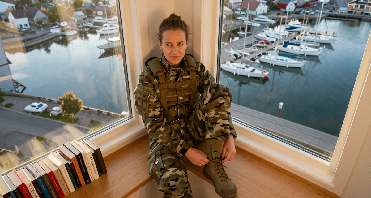 A cheeky Female From Norway, studied user experience design in their 30, first-time entrepreneur building a startup, wearing a commando outfit with camouflage paint and tactical harness, tying a shoelace in a cozy reading nook by a window.