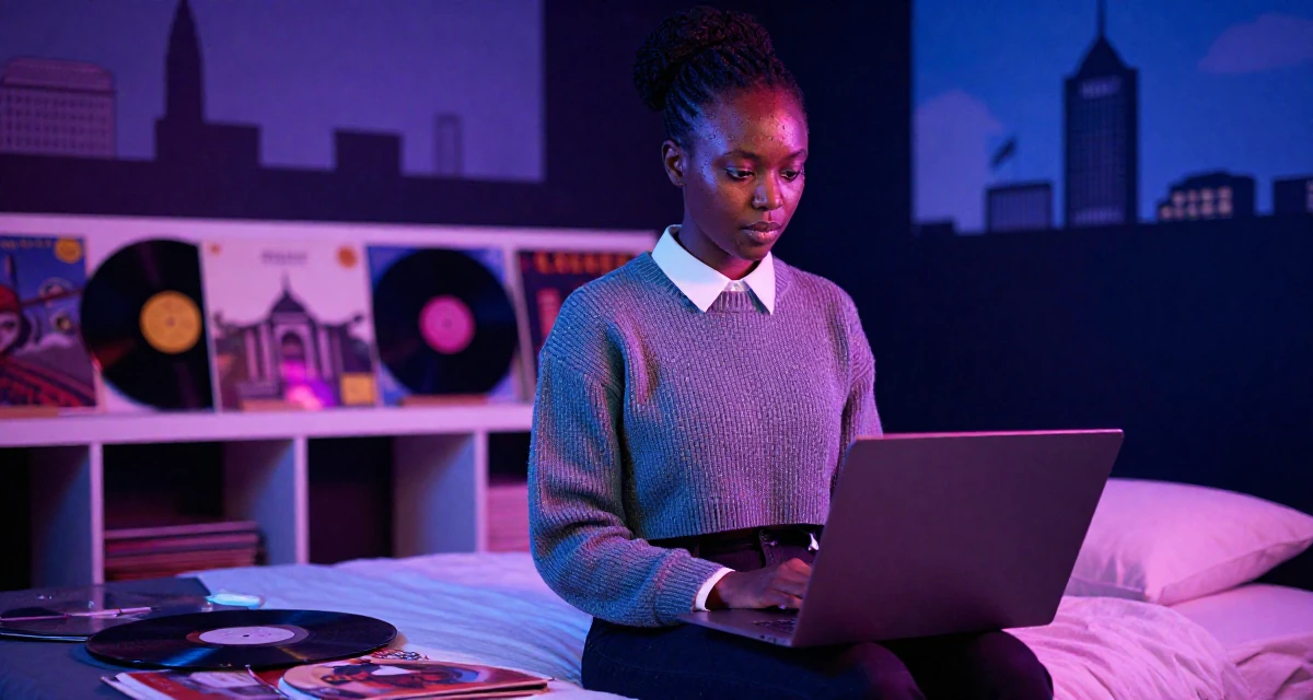 A seriously concentrated Female Raised in Kenya, studied digital entrepreneurship in their 32, exploring sustainable fashion and ethical living, wearing a cropped sweater over a collared shirt, holding a laptop in a lecture hall.