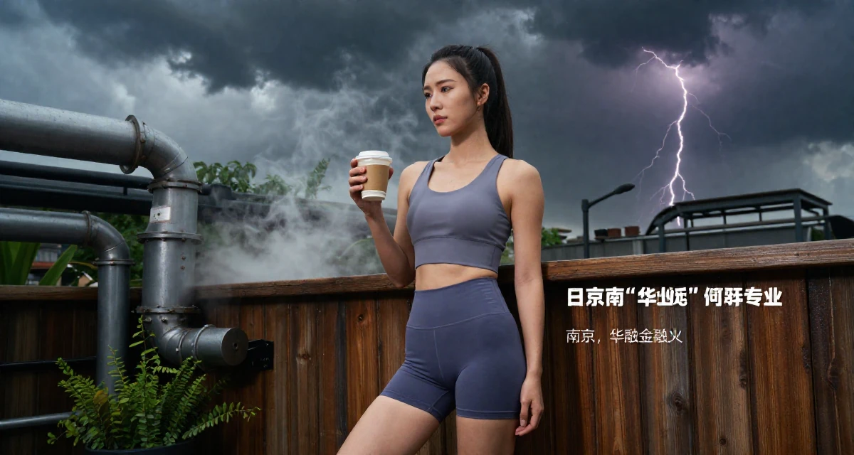A disinterested Female From Nanjing China, graduated with a finance major in their 23, feeling pressure to “figure life out” quickly, wearing a cropped gym top and high-cut running shorts, holding a cup of coffee in a garden patio.