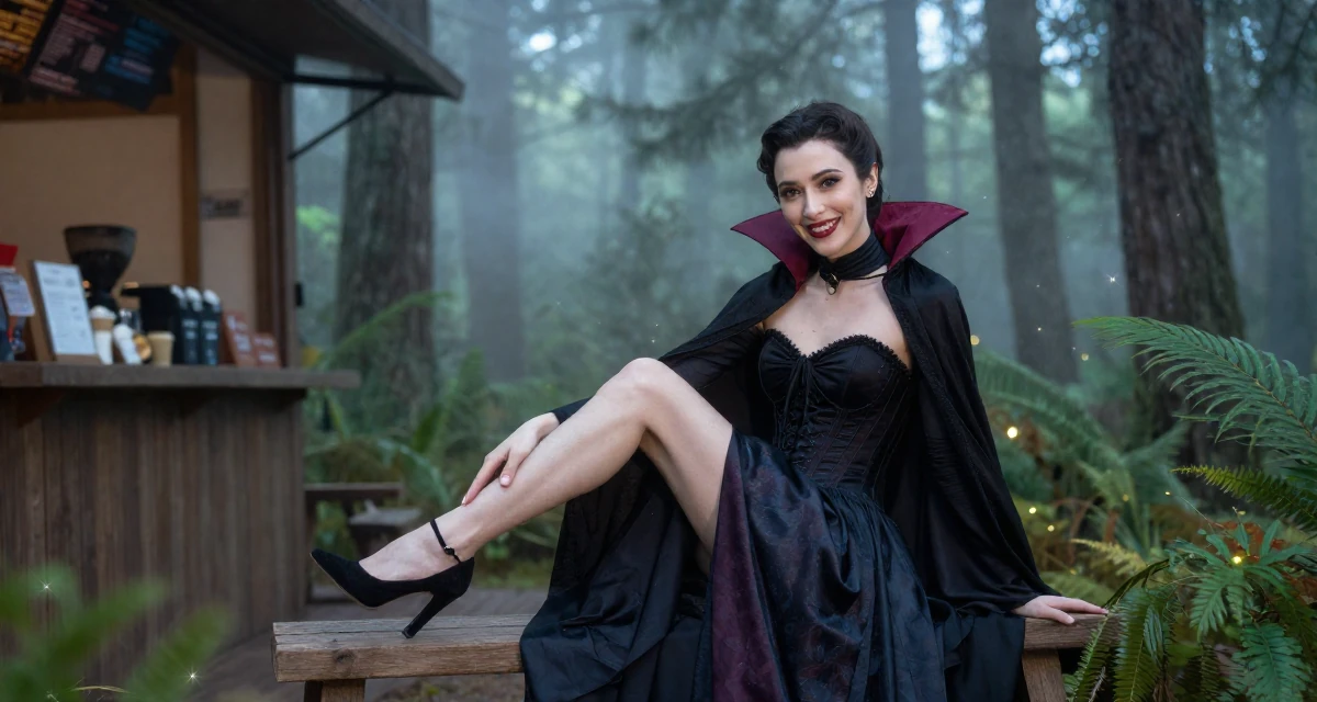 A warm Female Previously a construction worker, now documenting strength-expressive lifestyle in their 23, building first professional networks, wearing a vampire queen gown with a high collar and corset, tapping a foot in a magical forest clearing.