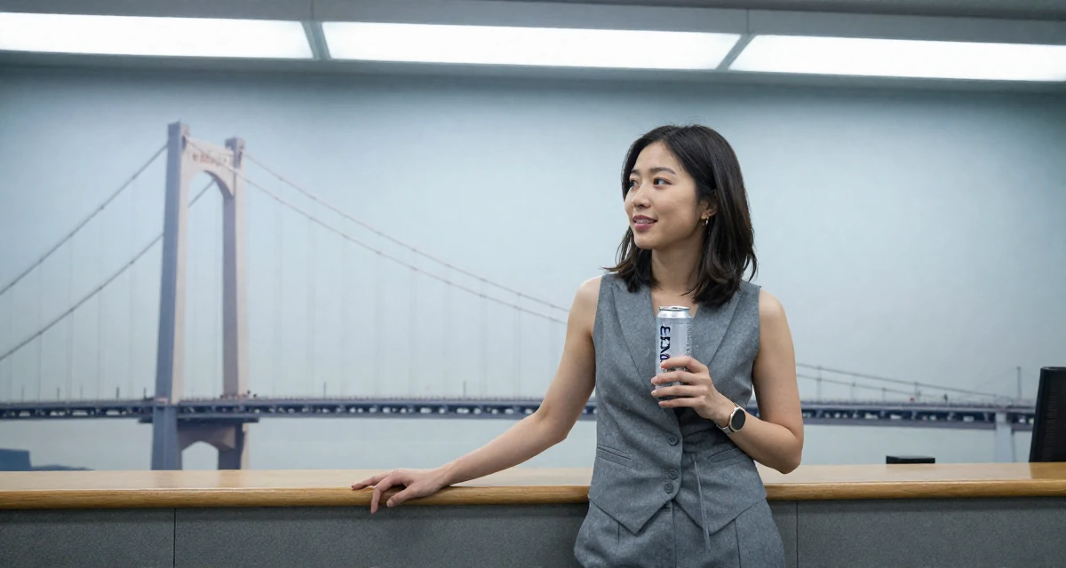 A lighthearted Female Once a biology teacher, now exploring artistic movement expression in their 31, re-evaluating long-term career goals, wearing a grey vest and matching trousers outfit, holding a beverage can in a radio station.