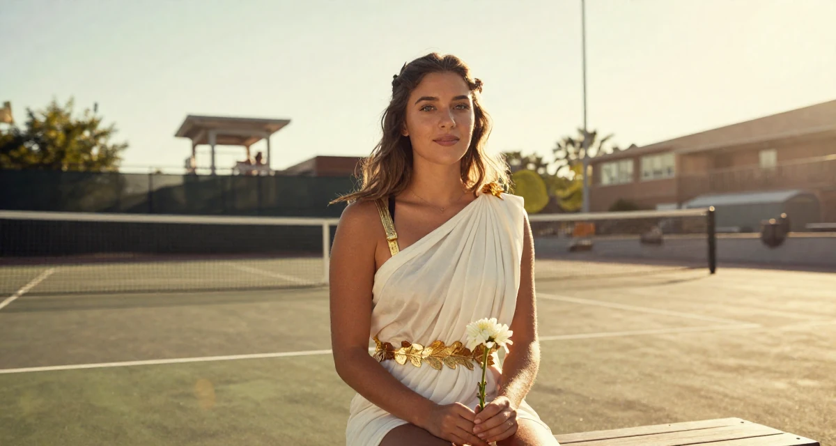 A sweet Female From USA, studied marketing and consumer behavior in their 22, filming between classes because real life leaves no time, wearing a greek goddess toga with gold leaf accessories, holding a single flower in a tennis court.