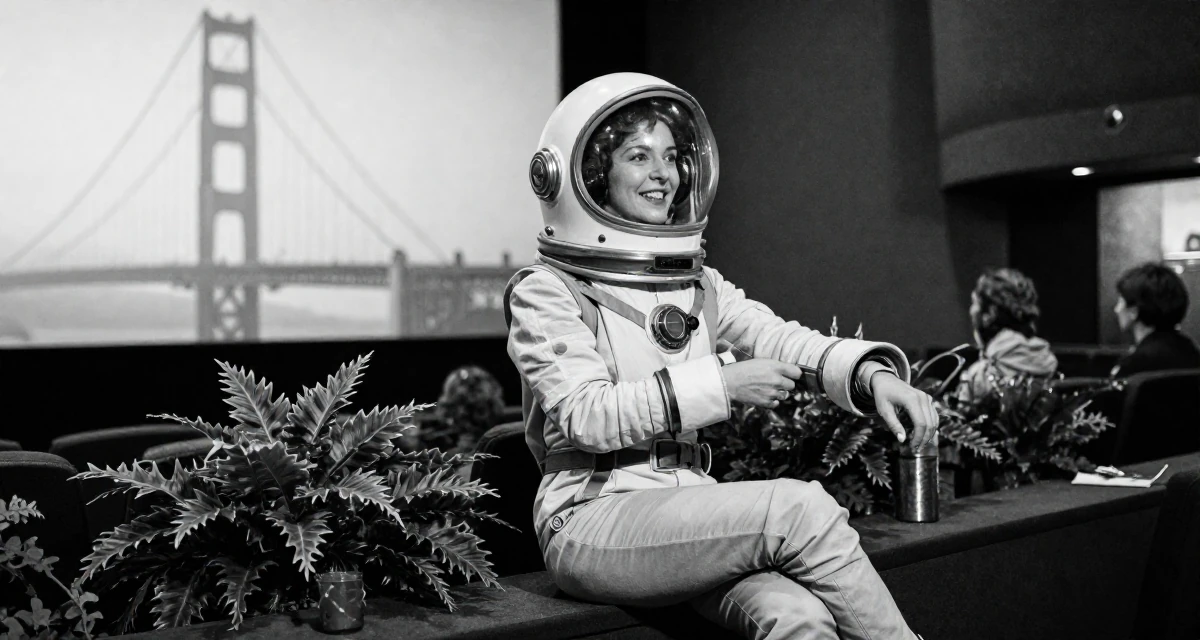 A triumphant Female From Russia, studied mathematics and cybernetics in their 33, building a supportive online community, wearing a retro sci-fi space girl outfit with a bubble helmet, adjusting sleeves in a cinema lobby.