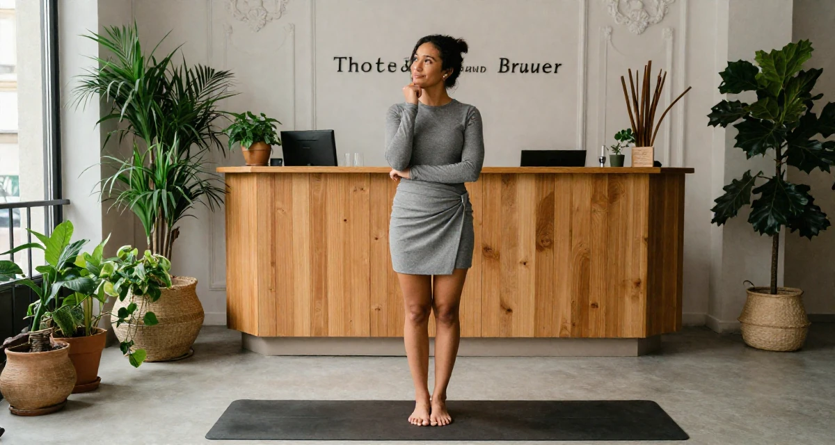 A flirty Female Previously a hotel receptionist, now a travel-inspired content creator in their 25, preparing for larger adult responsibilities, wearing a mini wrap skirt and a fitted long-sleeve top, touching the chin thoughtfully in a yoga studio.