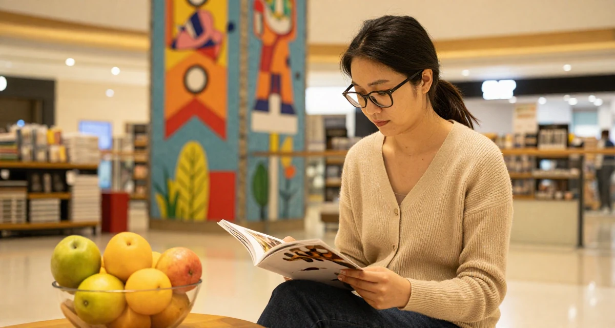 A quiet Female Once a warehouse picker, now building a creator brand from scratch in their 31, recently paid off student loans, wearing a librarian outfit with glasses and a tight cardigan, flipping through a magazine in a shopping mall atrium.