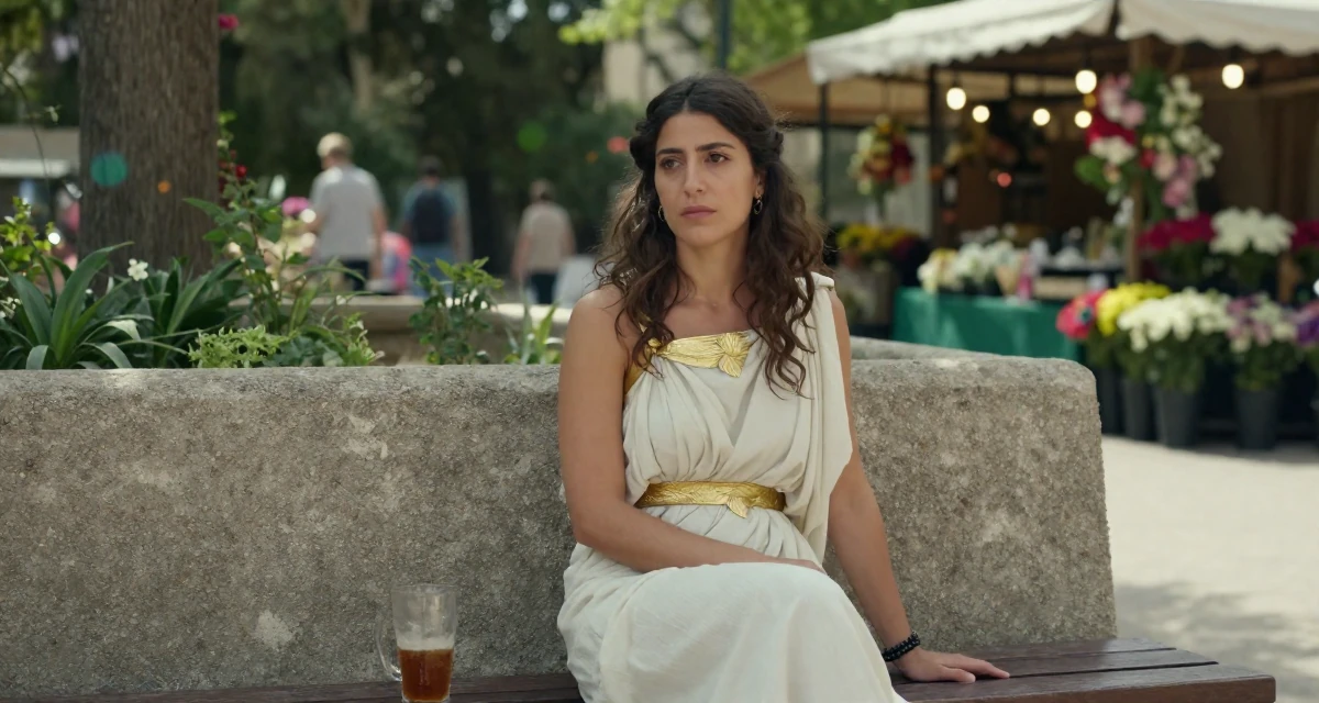 A mellow Female From Lebanon, majored in digital journalism in their 43, passionate about organic gardening and cooking, wearing a greek goddess toga with gold leaf accessories, holding a cold drink in a park bench.