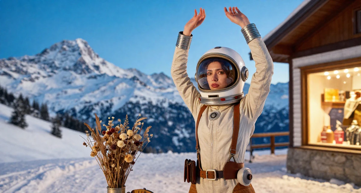A soulful Female From Italy, majored in law in their 22, using body language to convey mood more than exposure, wearing a retro sci-fi space girl outfit with a bubble helmet, checking a wallet in a snowy mountain peak.
