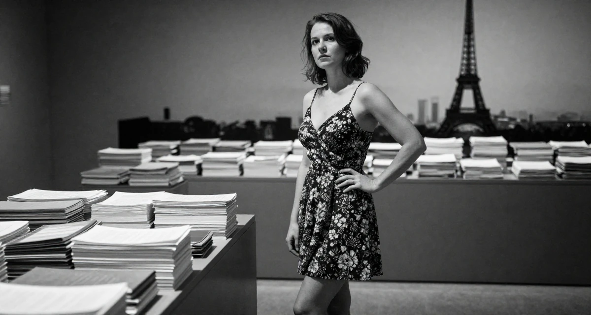 A wistful Female From Poland, majored in international relations in their 30, redefining what success means personally, wearing a backless summer sundress in a floral print, crossing legs in a museum exhibit.