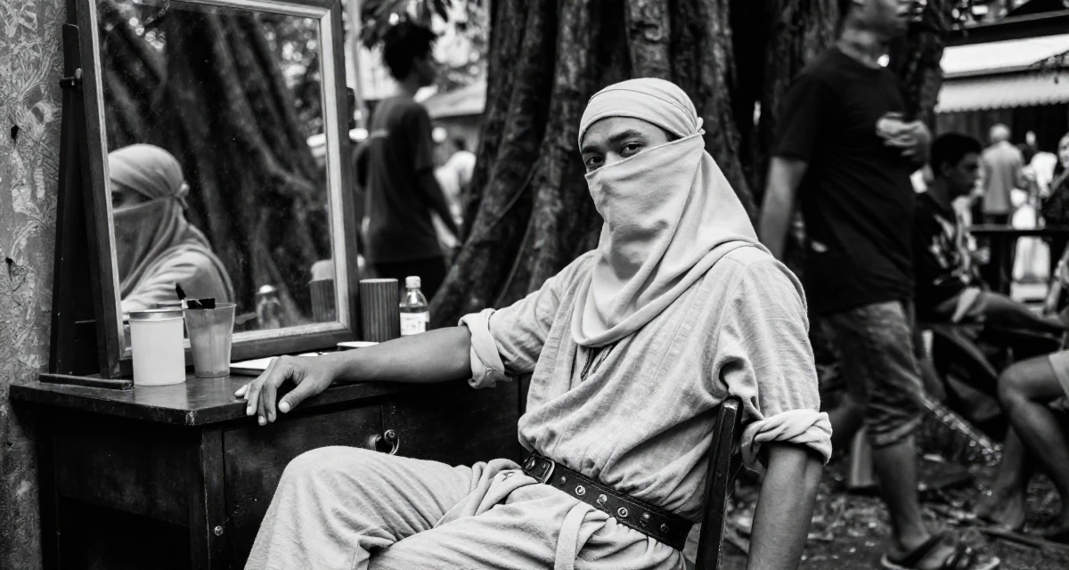 A lighthearted male From Malaysia, based in Malacca, graduated from a creative college majoring in sensual composition design in their 28, feeling a renewed sense of ambition, wearing a desert nomad wrap outfit with a face veil, rolling up sleeves in a vanity mirror.