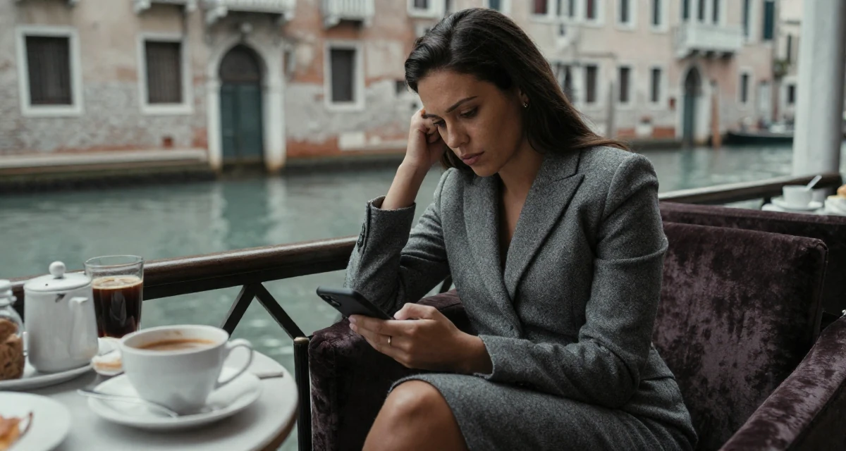 A focused Female From Brazil, trained in digital cinematography in their 33, struggling with work-life balance, wearing a grey wool skirt suit with a fitted jacket, checking a phone in a breakfast nook.