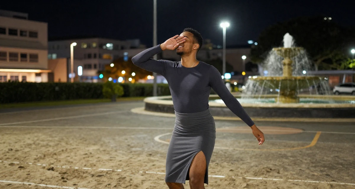 A tranquil male From Mauritius, studied digital marketing in their 24, learning to say no without guilt, wearing a tight long-sleeve bodysuit and a slit midi skirt, covering a laugh with one hand in a basketball court.
