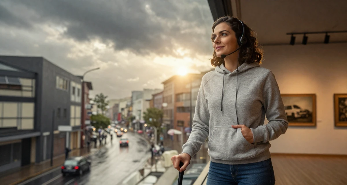 A compassionate Female Once a call-center agent, now a confident camera-ready creator in their 25, balancing sexiness with professionalism, wearing a classic grey hoodie and jeans, pulling a sweater sleeves over hands in a museum exhibit.