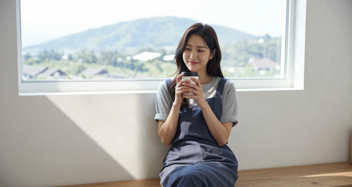 A smirking Female From South Korea, based in Jeju, graduated from a fashion school majoring in body language aesthetics in their 20, working a chaotic part-time job, wearing a t-shirt dress with the sleeves rolled up, holding a coffee cup with both hands in a attic room.