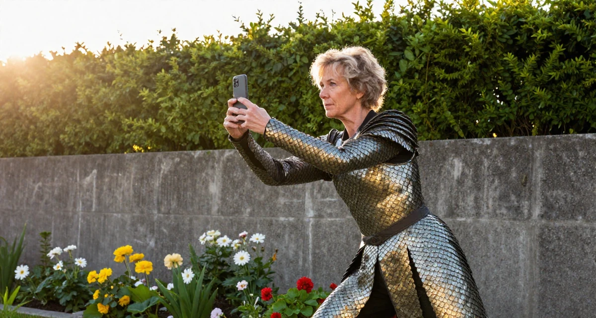 A nostalgic Female From Oslo Norway, learned sensual choreography through contemporary dance in their 40, defying stereotypes of aging women, wearing a dragon scale armor texture with metallic sheen, snapping a photo with a phone in a blooming flower garden.