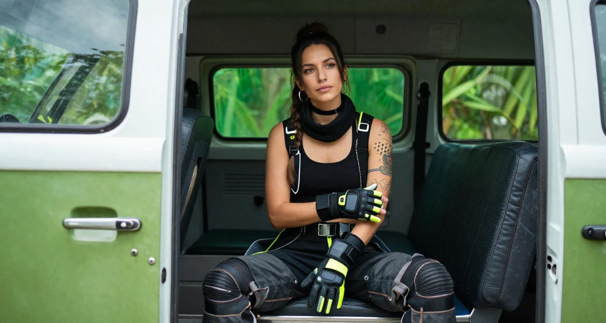 A unbothered Female From Nicaragua, majored in sports science in their 35, renovating a vintage van for travel, wearing a cyberpunk street samurai gear with neon accents, removing a glove in a elevator hall.