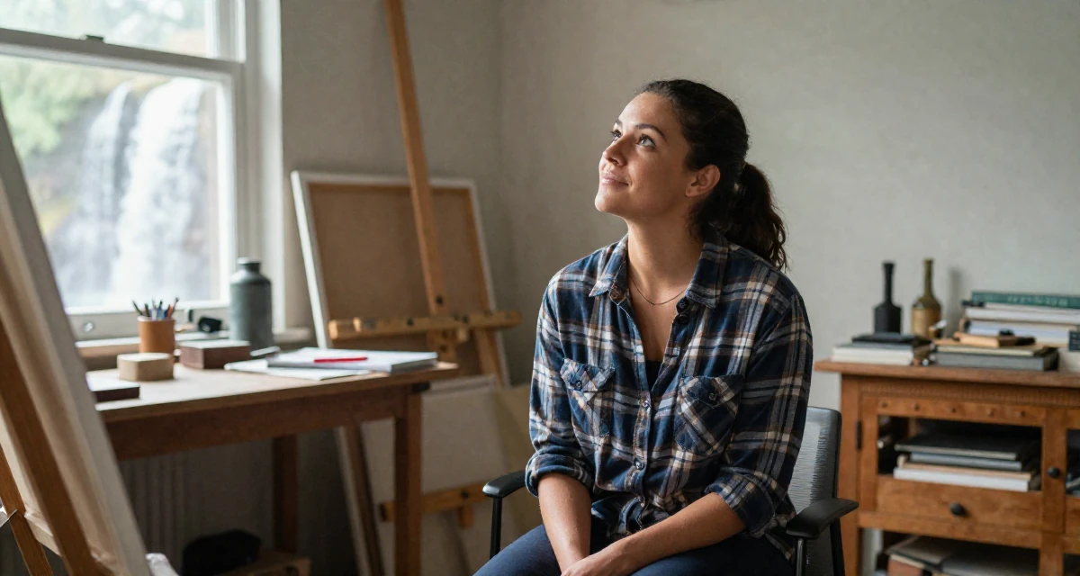 A sincere Female Once a gym receptionist, now building her own fan-driven fitness brand in their 25, exploring lifestyle options and boundaries, wearing a casual plaid button-down, looking up at the sky in a messy artist studio.