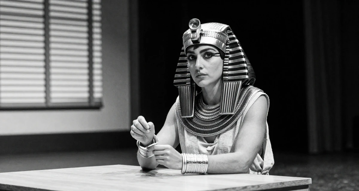 A intense and captivating Female From Denmark, majored in furniture design in their 20, exploring identity through bold fashion choices, wearing a egyptian queen costume with gold collar and linen, fixing a cufflink in a theater stage.