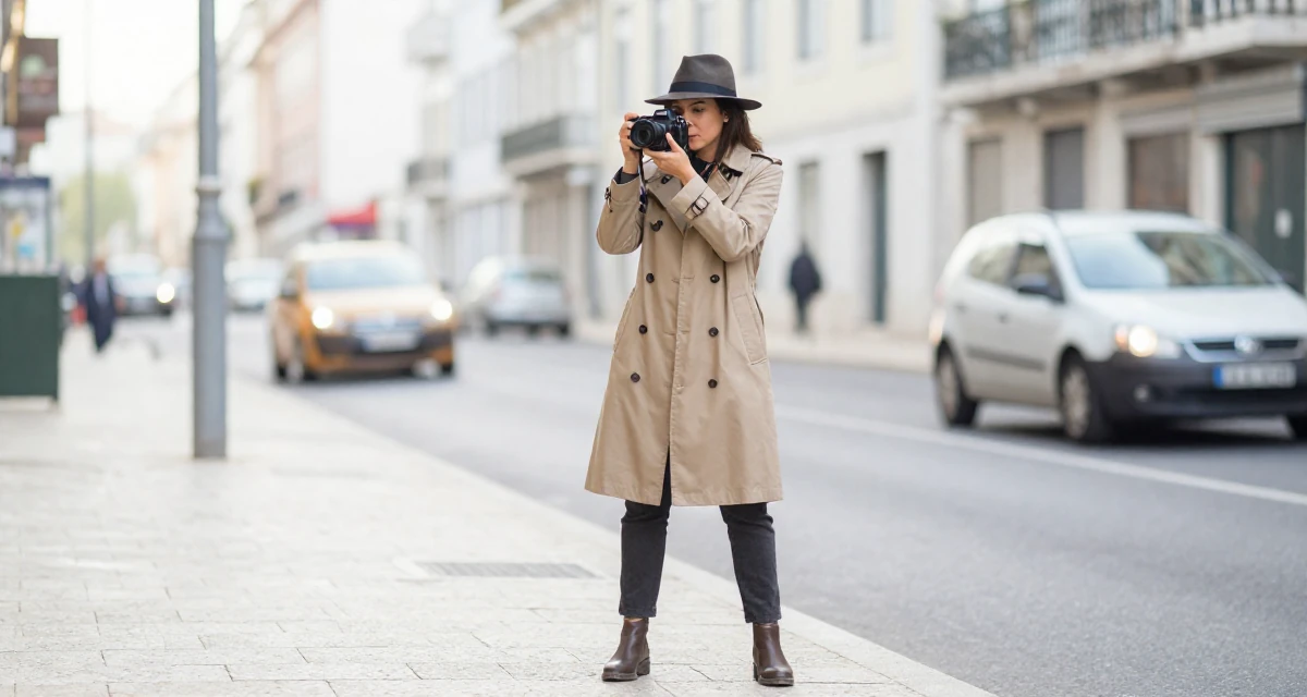 A zen-like Female From Lisbon Portugal, learned storytelling through movement in their 37, trying to stabilize income streams, wearing a detective trench coat and fedora hat, holding a camera ready to shoot in a city sidewalk.