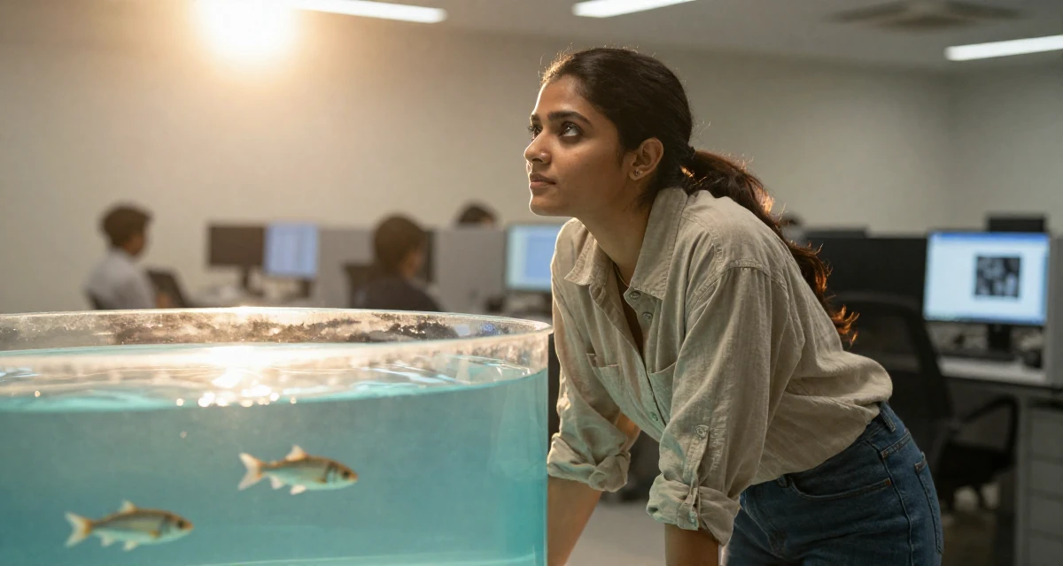 A observant Female From India, majored in fashion technology in their 22, feeling like a small fish in a big corporate pond, wearing a relaxed streetwear, gazing at the sky in a cybernetic computer lab.