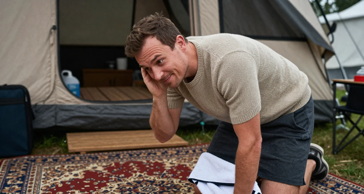 A playful male From Austria, majored in music theory in their 31, investing in personal health and fitness, wearing a short sleeve cashmere sweater and a skirt, holding a gym towel in a camping site.